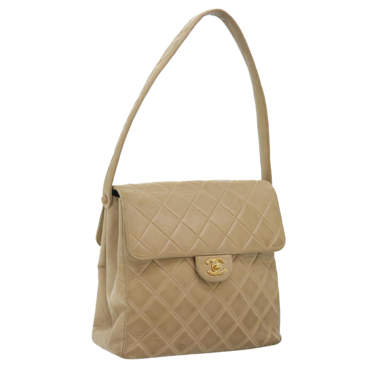 CHANEL Turn Lock Shoulder Bag Lamb Skin Beige Gold CC Auth bs17567