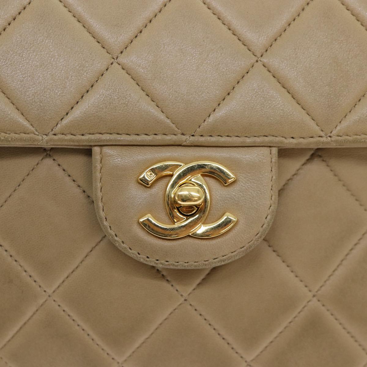 CHANEL Turn Lock Shoulder Bag Lamb Skin Beige Gold CC Auth bs17567