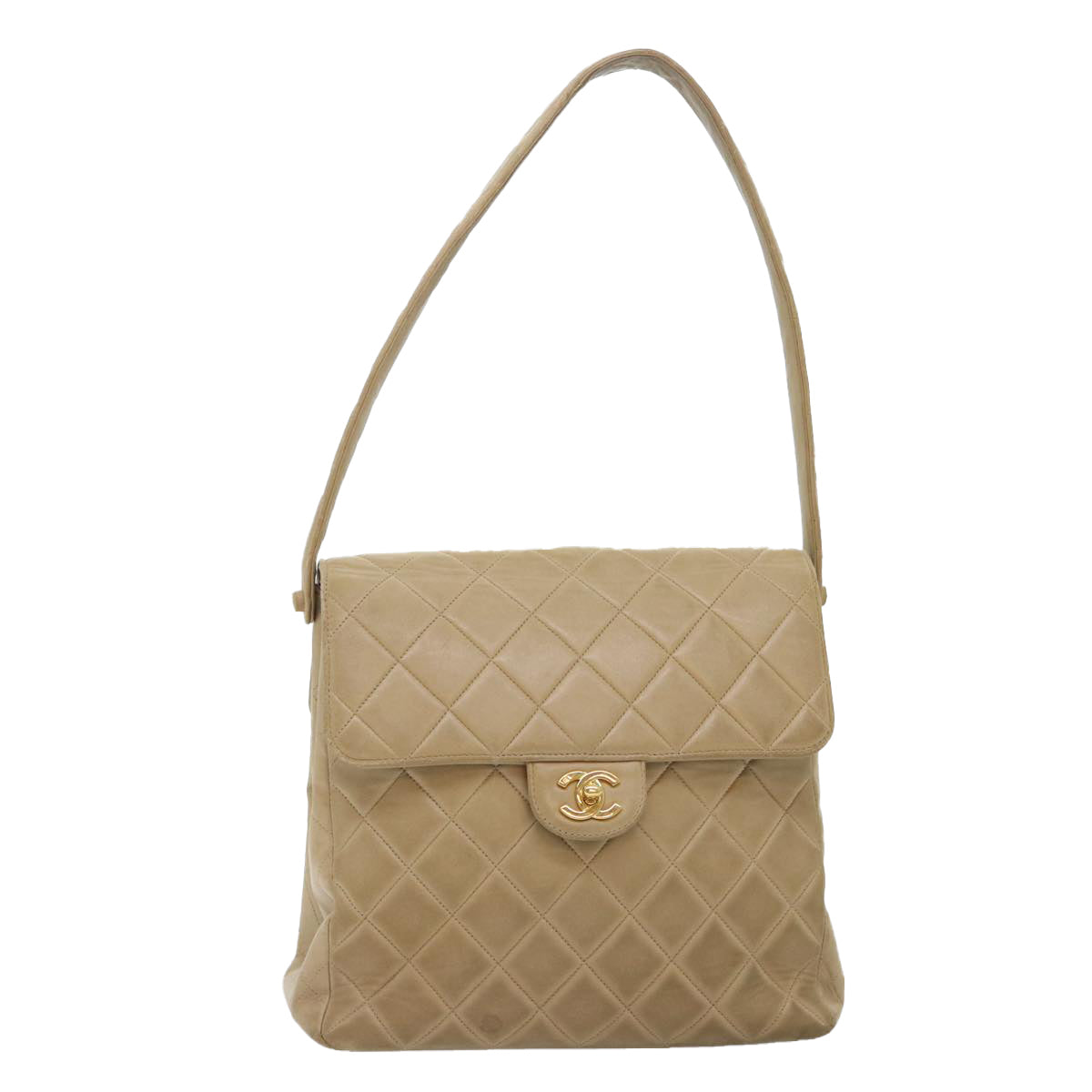 CHANEL Turn Lock Shoulder Bag Lamb Skin Beige Gold CC Auth bs17567