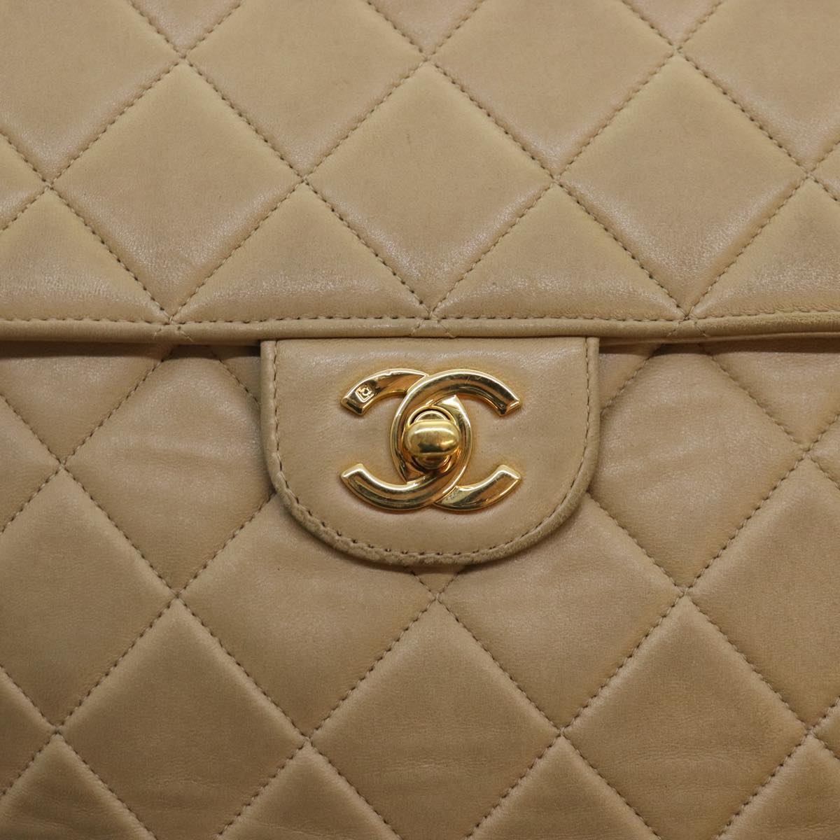 CHANEL Turn Lock Shoulder Bag Lamb Skin Beige Gold CC Auth bs17567