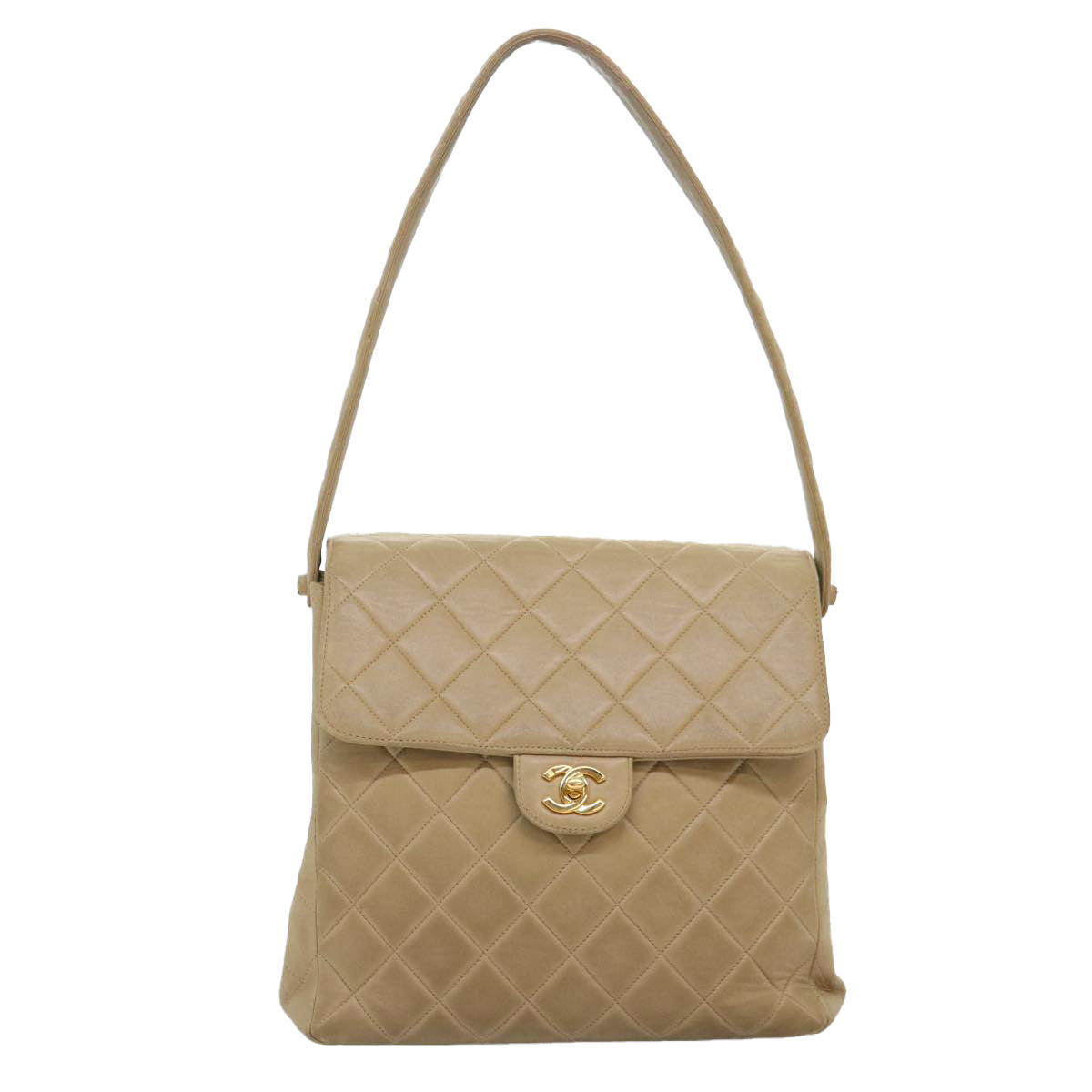 CHANEL Turn Lock Shoulder Bag Lamb Skin Beige Gold CC Auth bs17567 - 0