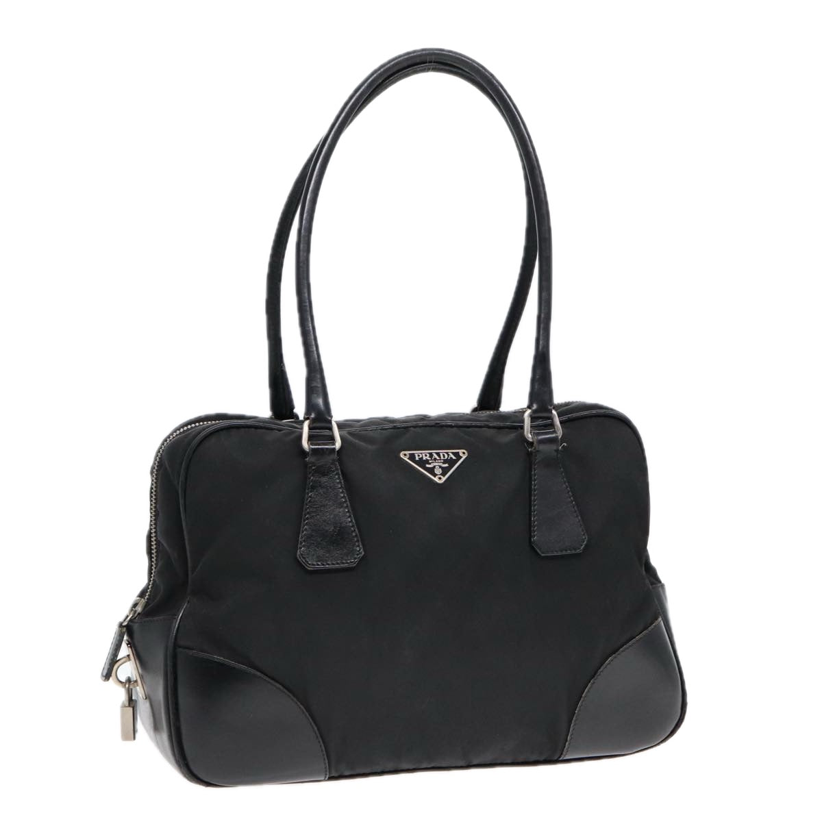 PRADA Hand Bag Nylon Black Silver Auth bs17572