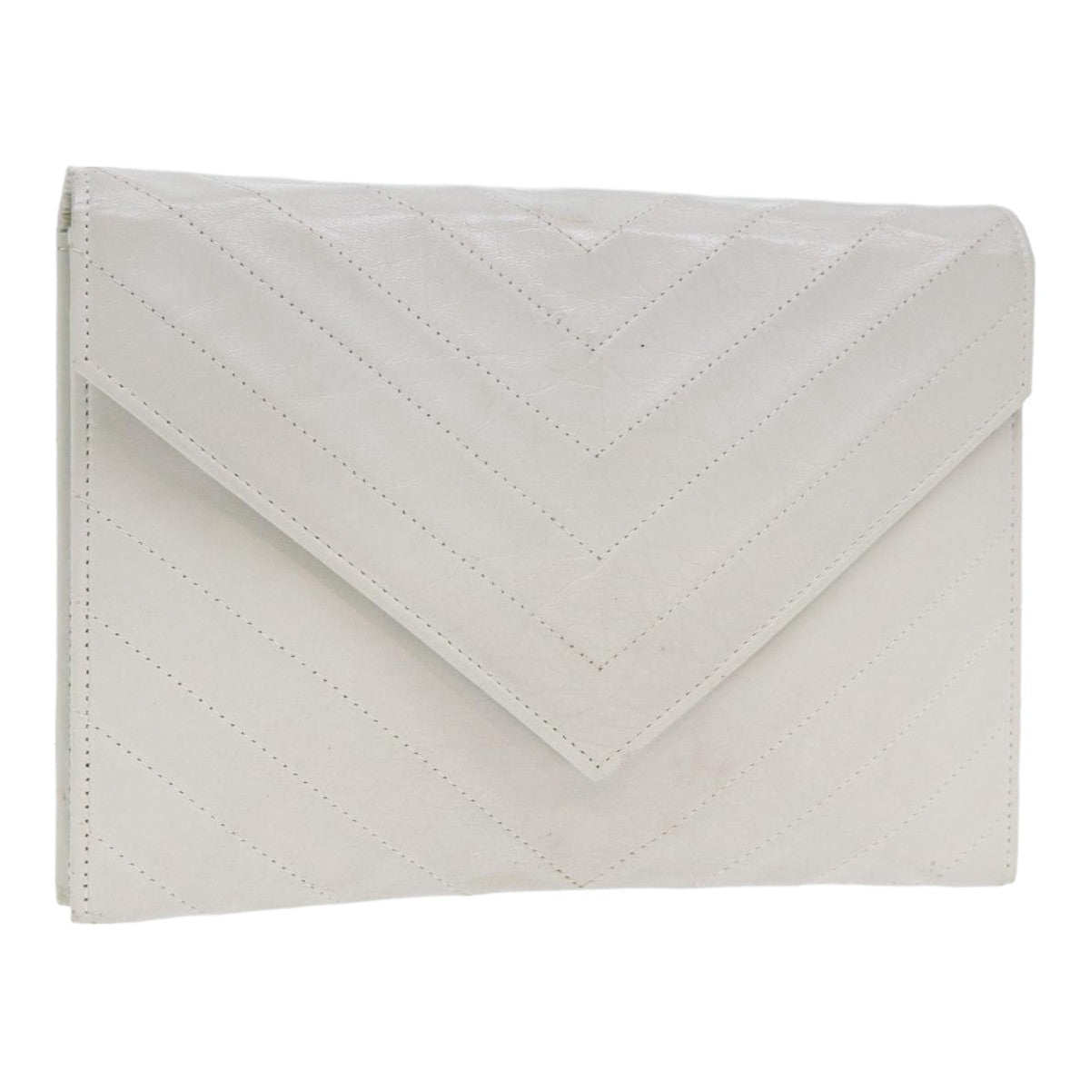 SAINT LAURENT V Stitch Clutch Bag Leather White Gold Auth bs17586