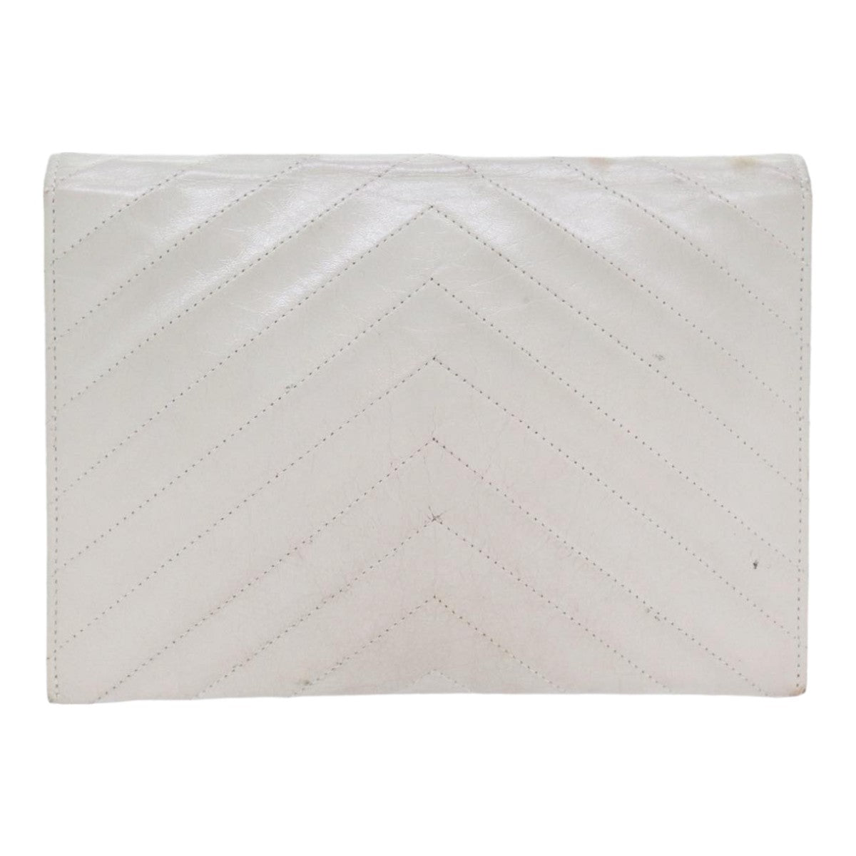 SAINT LAURENT V Stitch Clutch Bag Leather White Gold Auth bs17586 - 0