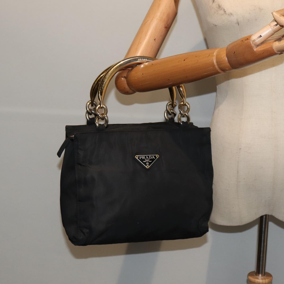 PRADA Hand Bag Nylon Black Gold Auth bs17601