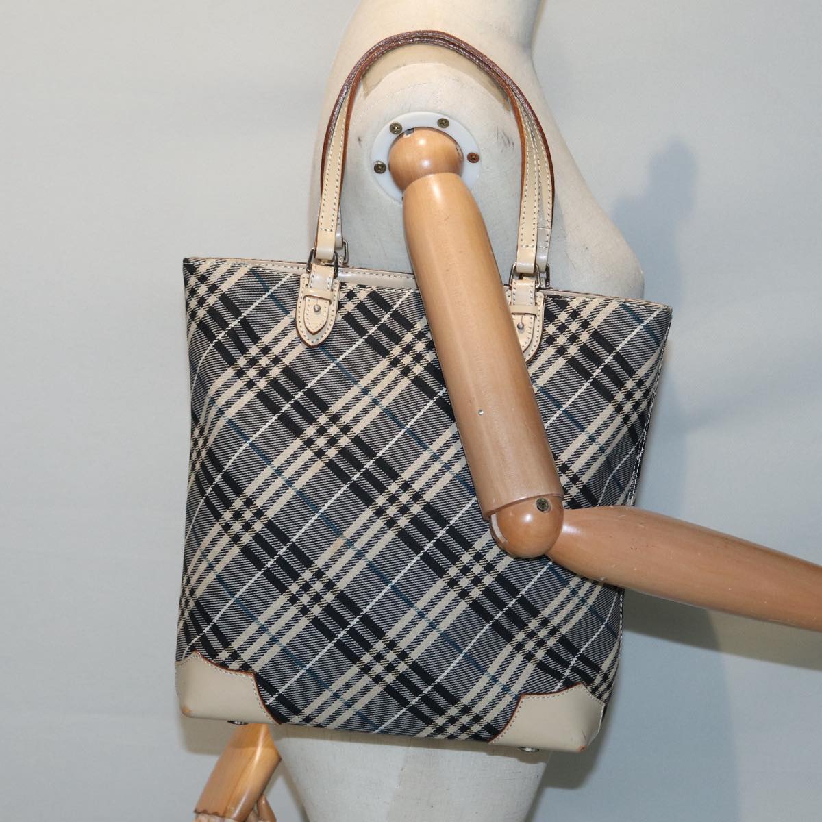 BURBERRY Nova Check Blue Label Tote Bag Canvas Blue Silver Auth bs17615