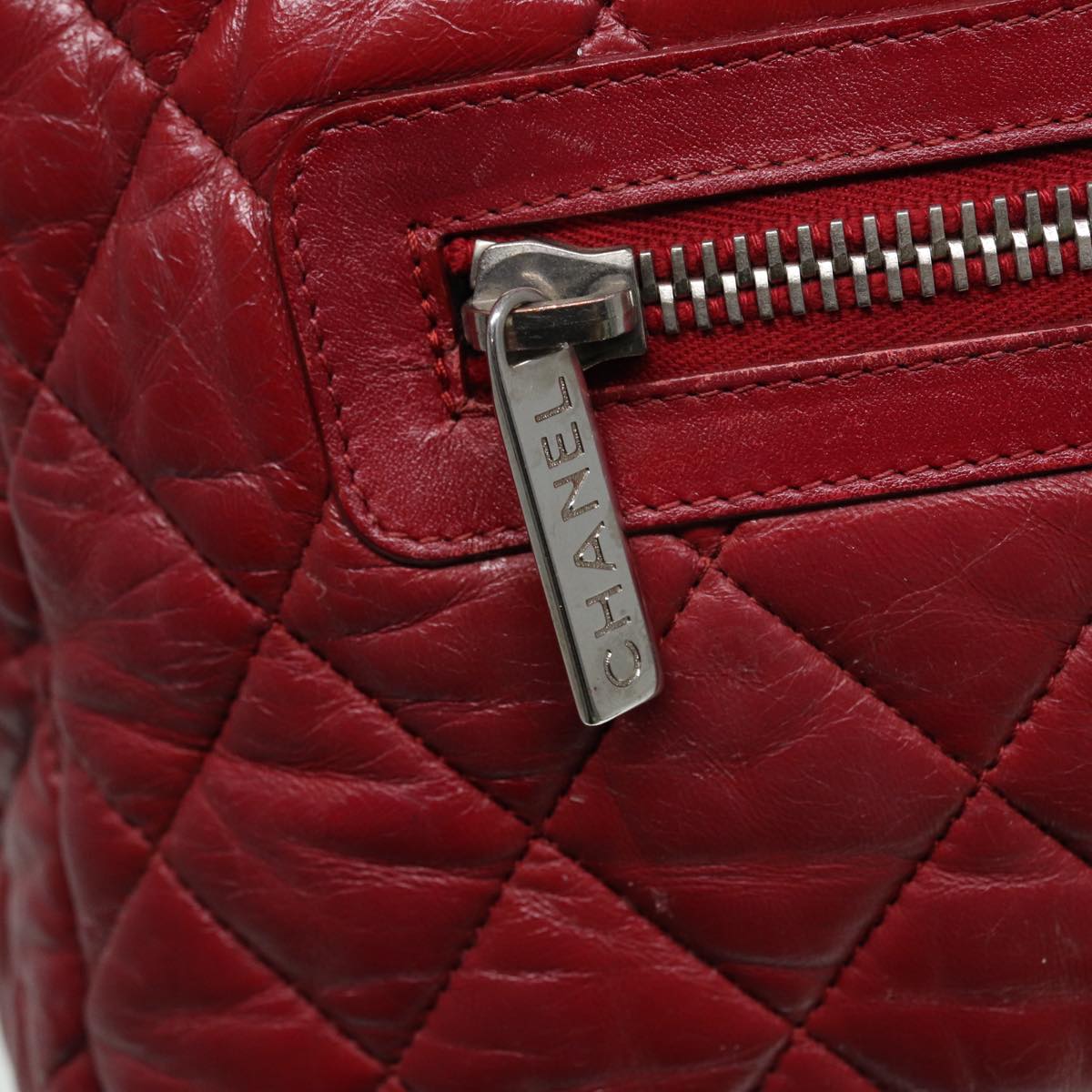 CHANEL Hand Bag Lamb Skin Red Silver CC Auth bs17618