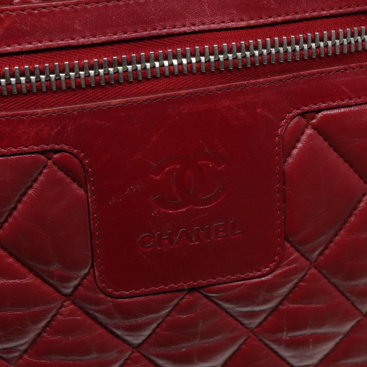 CHANEL Hand Bag Lamb Skin Red Silver CC Auth bs17618