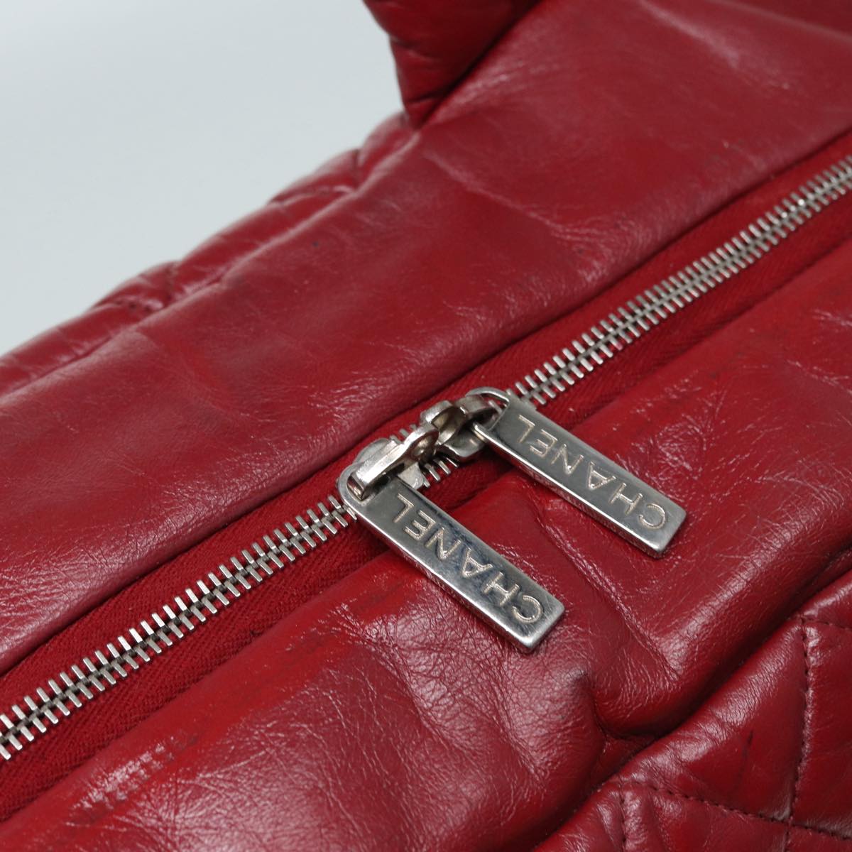 CHANEL Hand Bag Lamb Skin Red Silver CC Auth bs17618