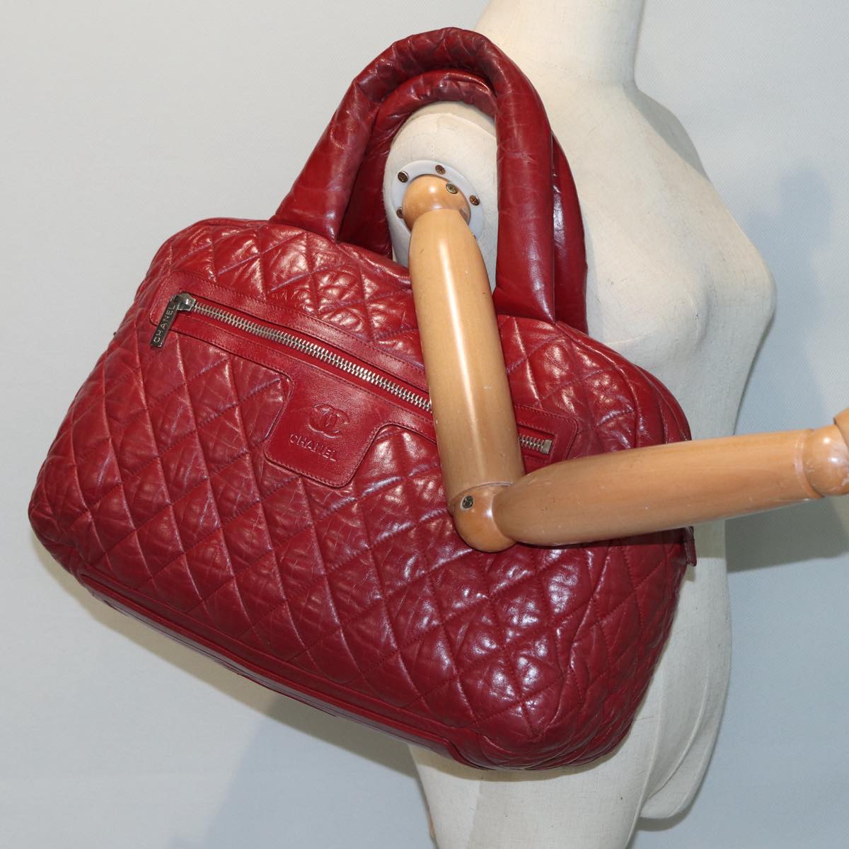 CHANEL Hand Bag Lamb Skin Red Silver CC Auth bs17618