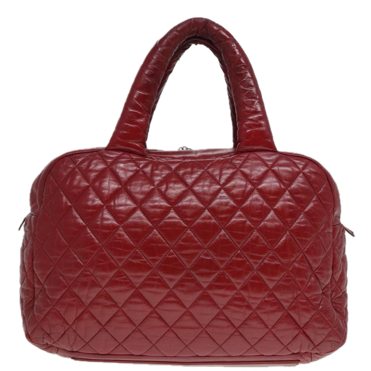 CHANEL Hand Bag Lamb Skin Red Silver CC Auth bs17618