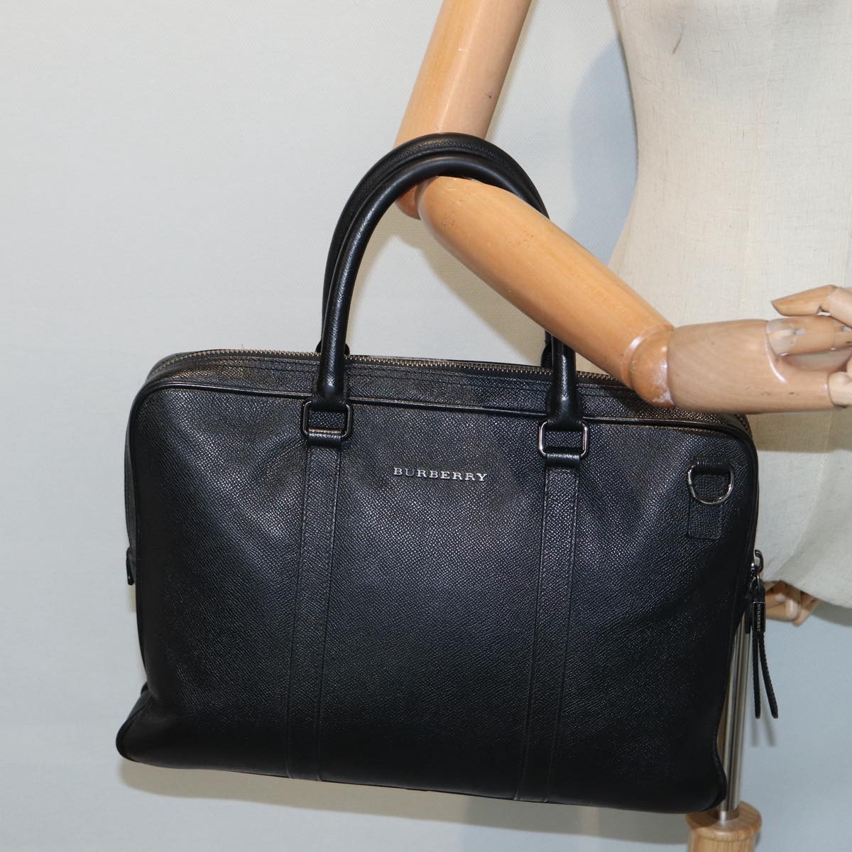 BURBERRY Hand Bag Leather Black Silver Auth bs17638