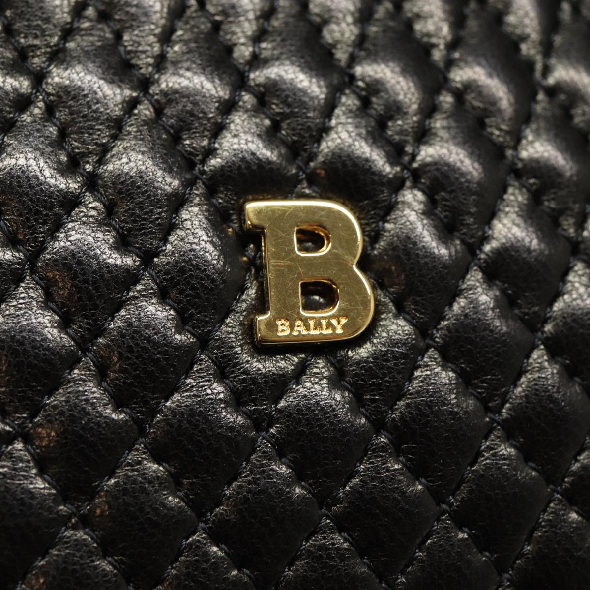 BALLY Quilted Hand Bag Leather Black Gold Auth bs17640