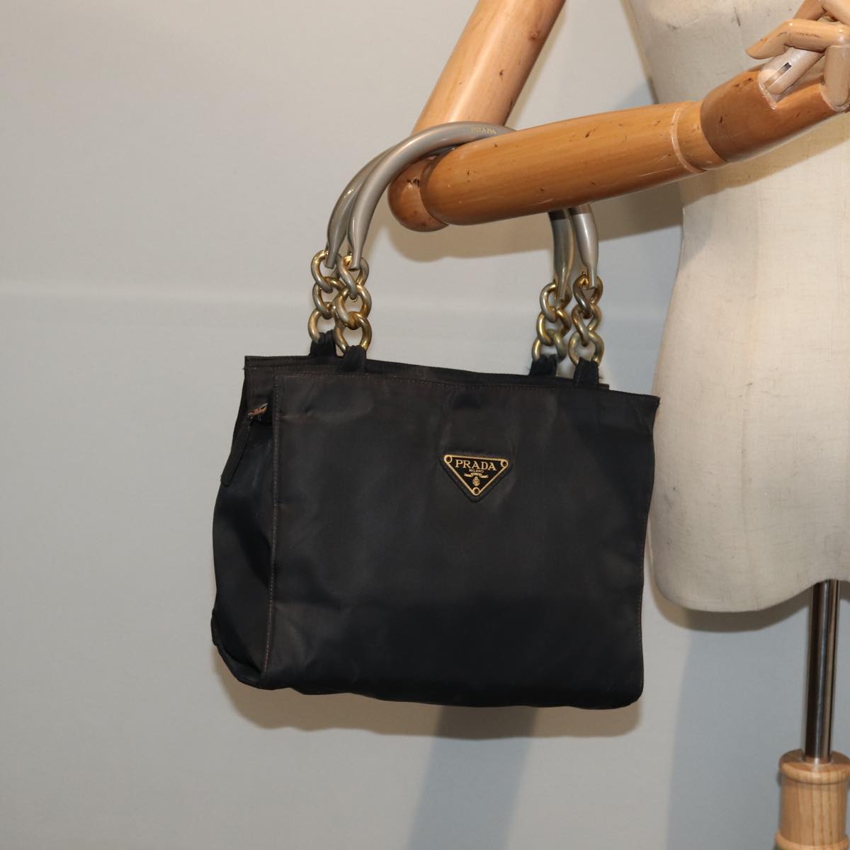 PRADA Hand Bag Nylon Black Gold Auth bs17641