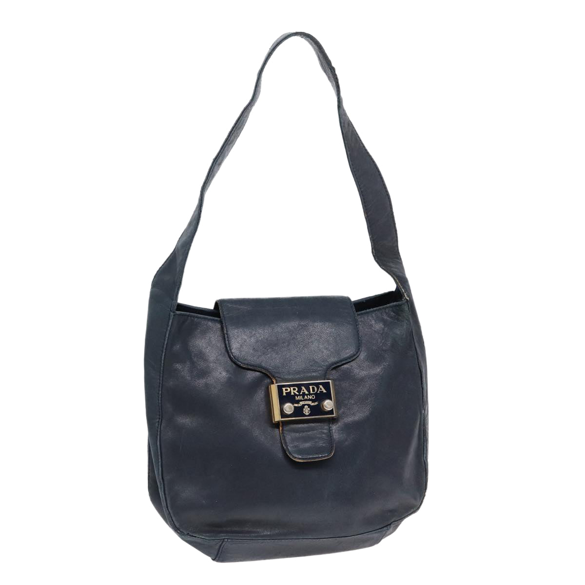 PRADA Shoulder Bag Leather Navy Gold Auth bs17642