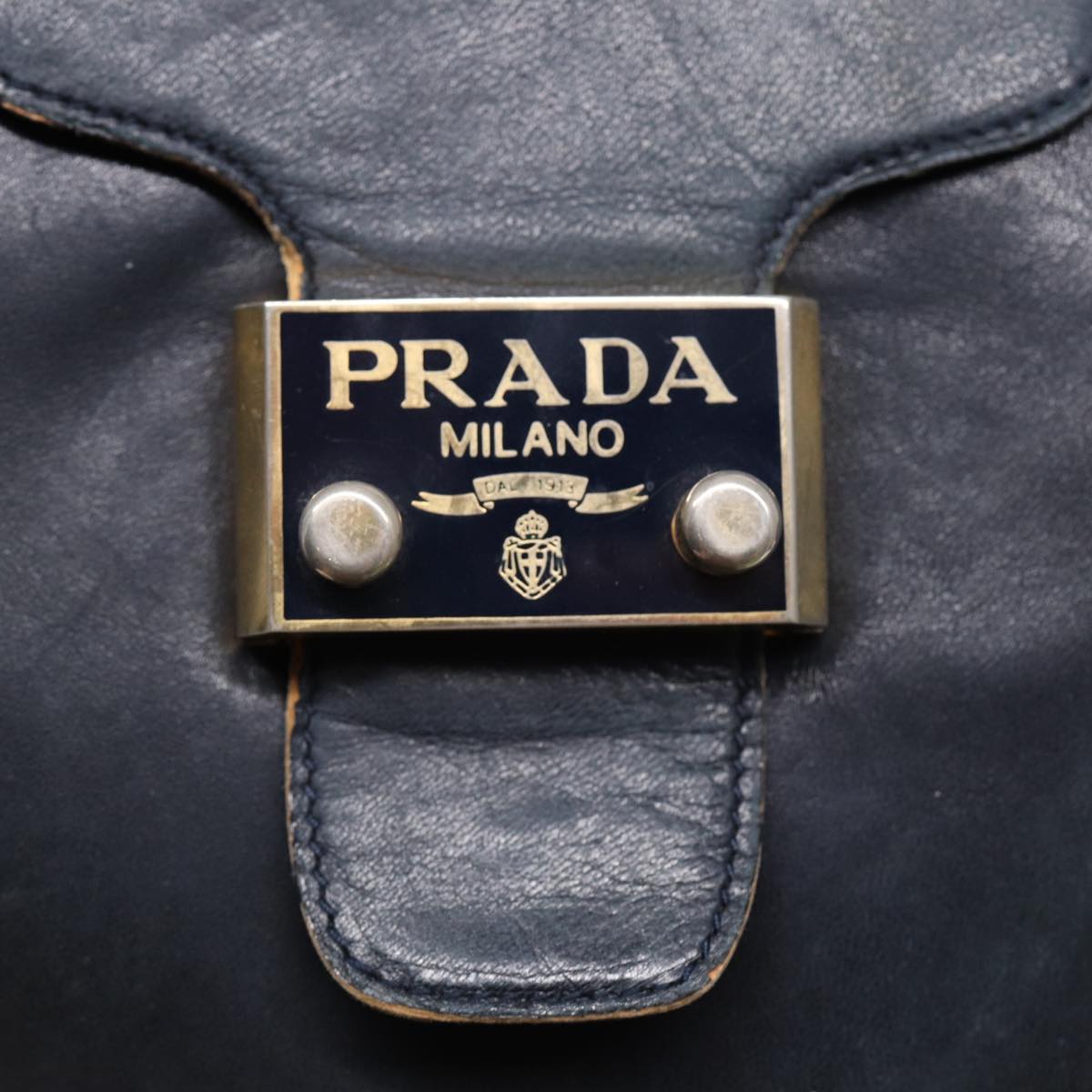 PRADA Shoulder Bag Leather Navy Gold Auth bs17642