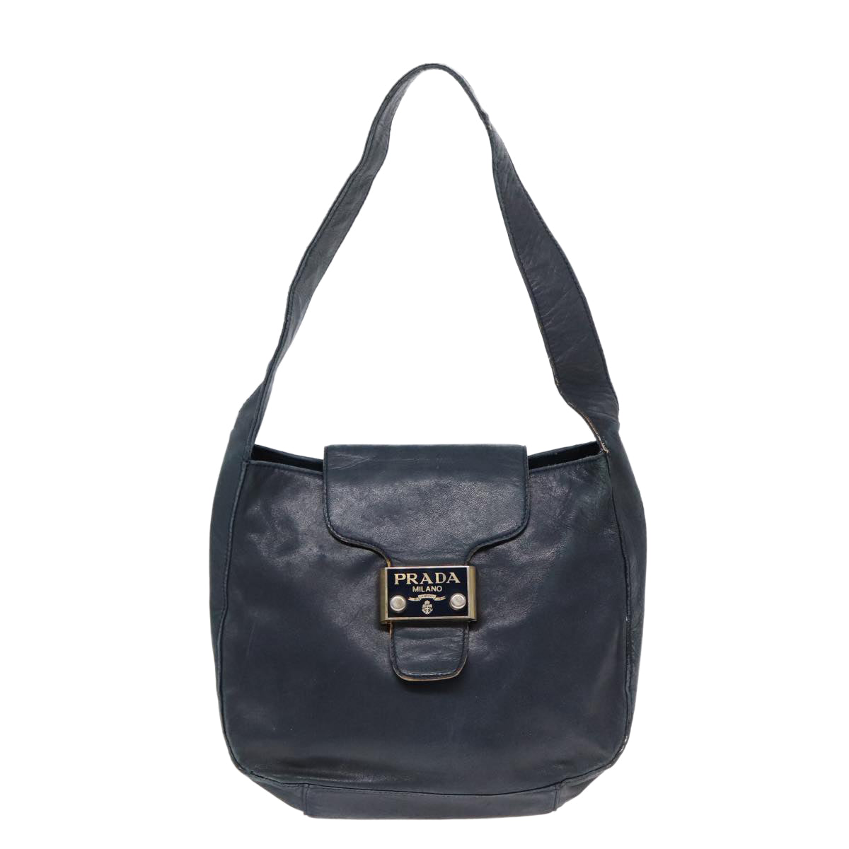 PRADA Shoulder Bag Leather Navy Gold Auth bs17642