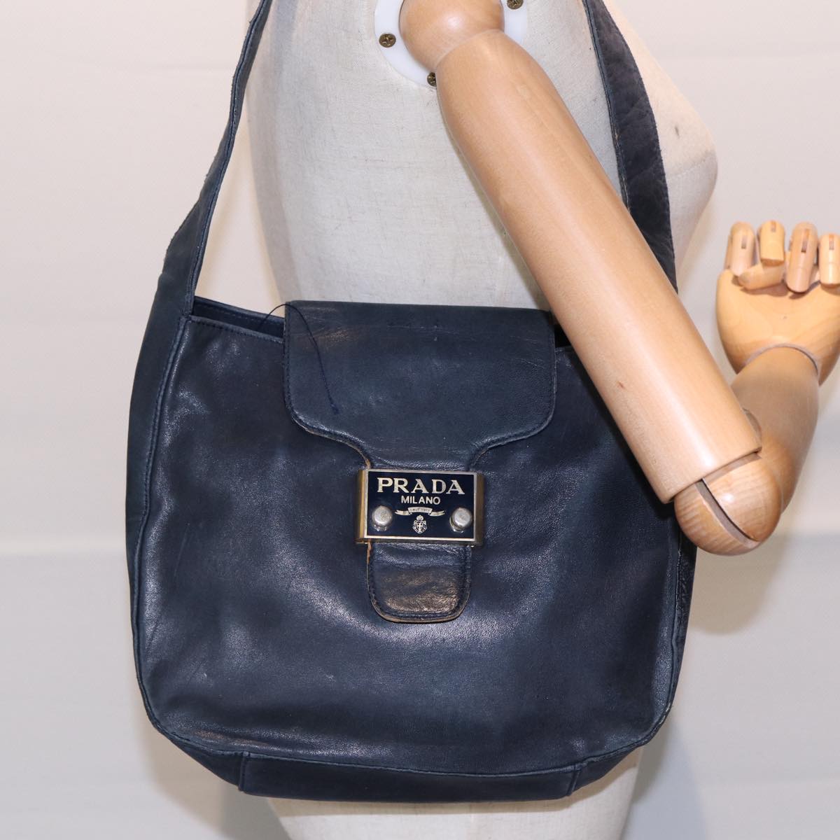 PRADA Shoulder Bag Leather Navy Gold Auth bs17642