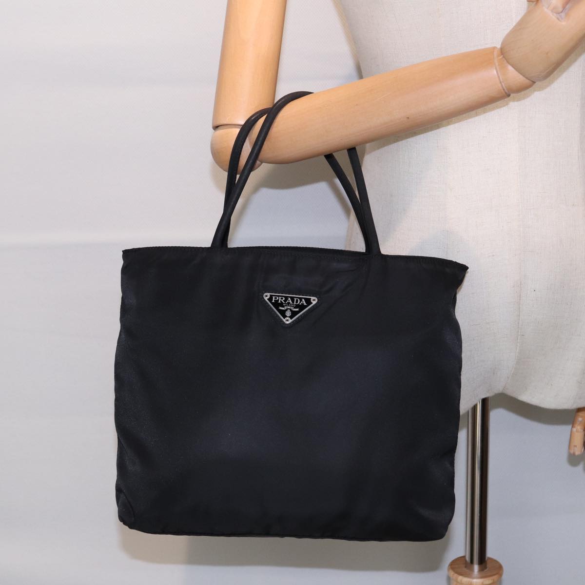 PRADA Hand Bag Nylon Black Silver Auth bs17647