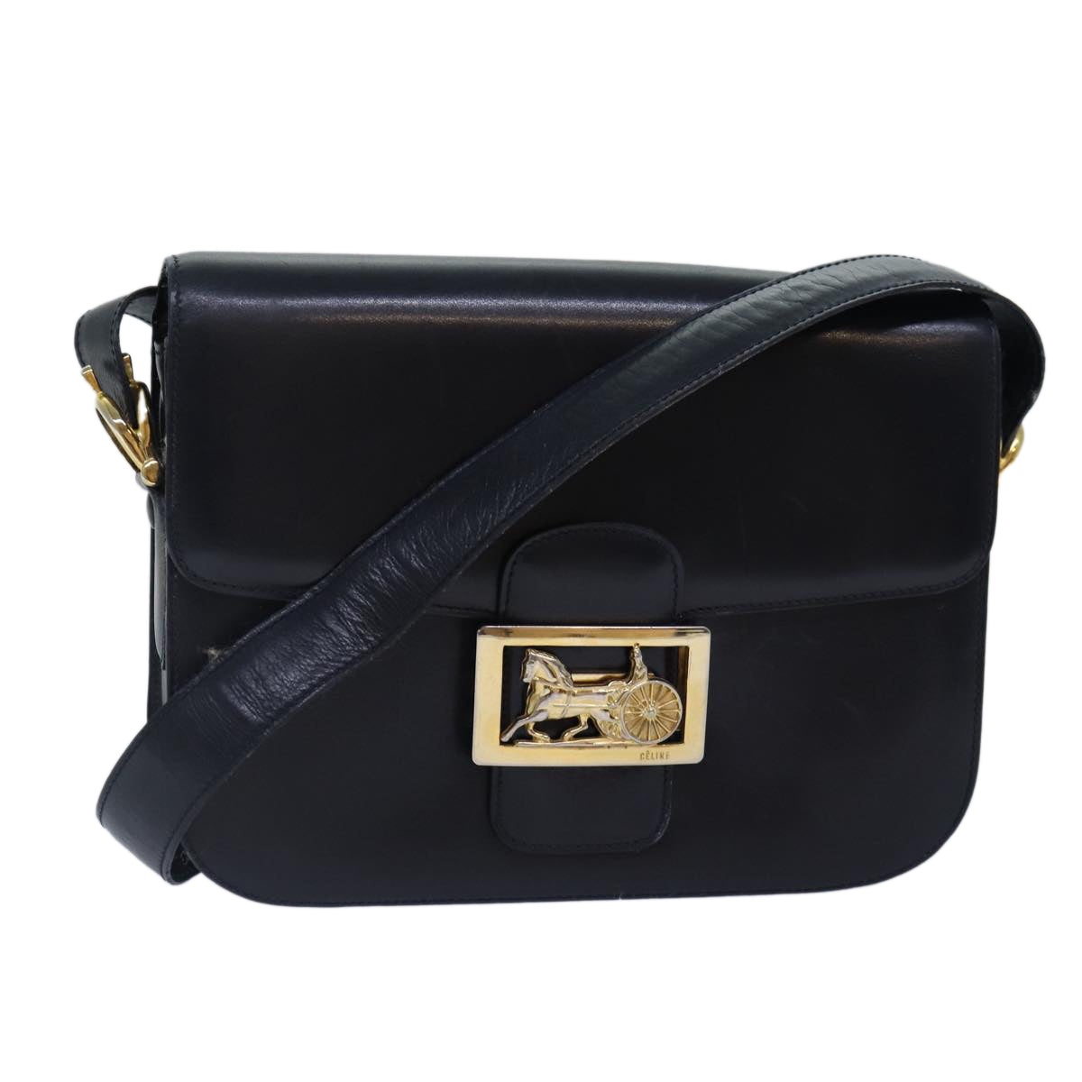 CELINE Horse Carriage Shoulder Bag Leather Navy Gold Auth bs17652