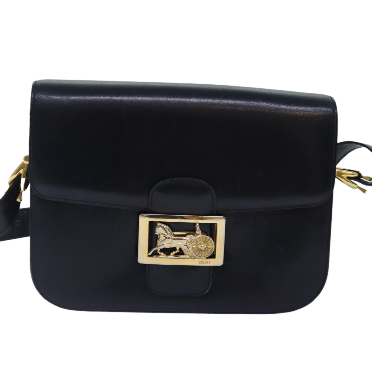 CELINE Horse Carriage Shoulder Bag Leather Navy Gold Auth bs17652