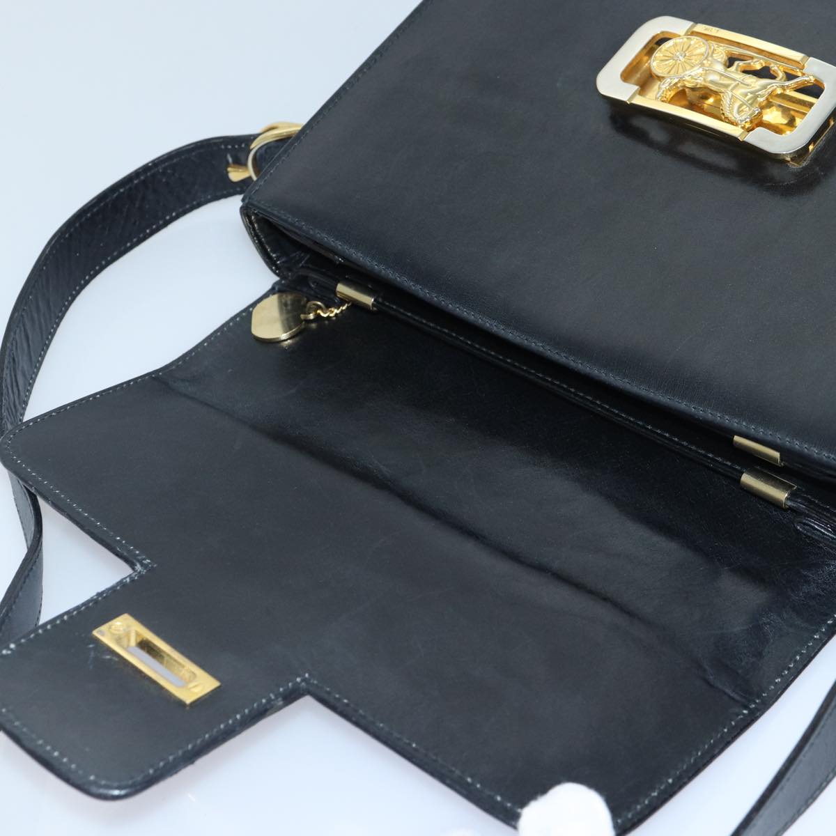 CELINE Horse Carriage Shoulder Bag Leather Black Gold Auth bs17653