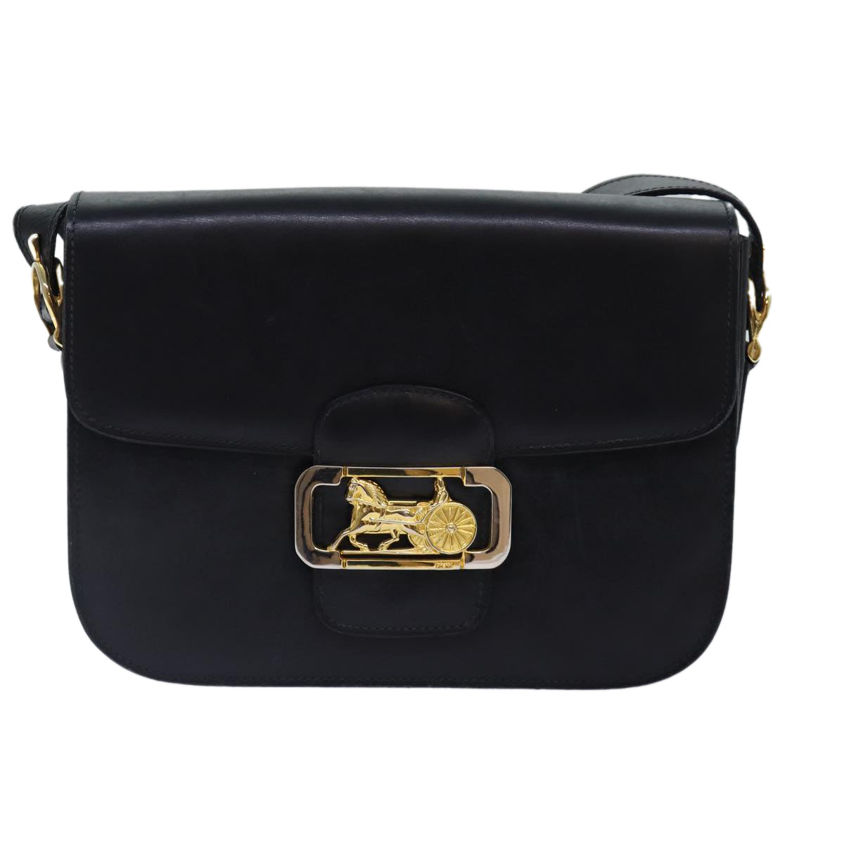 CELINE Horse Carriage Shoulder Bag Leather Black Gold Auth bs17653 - 0