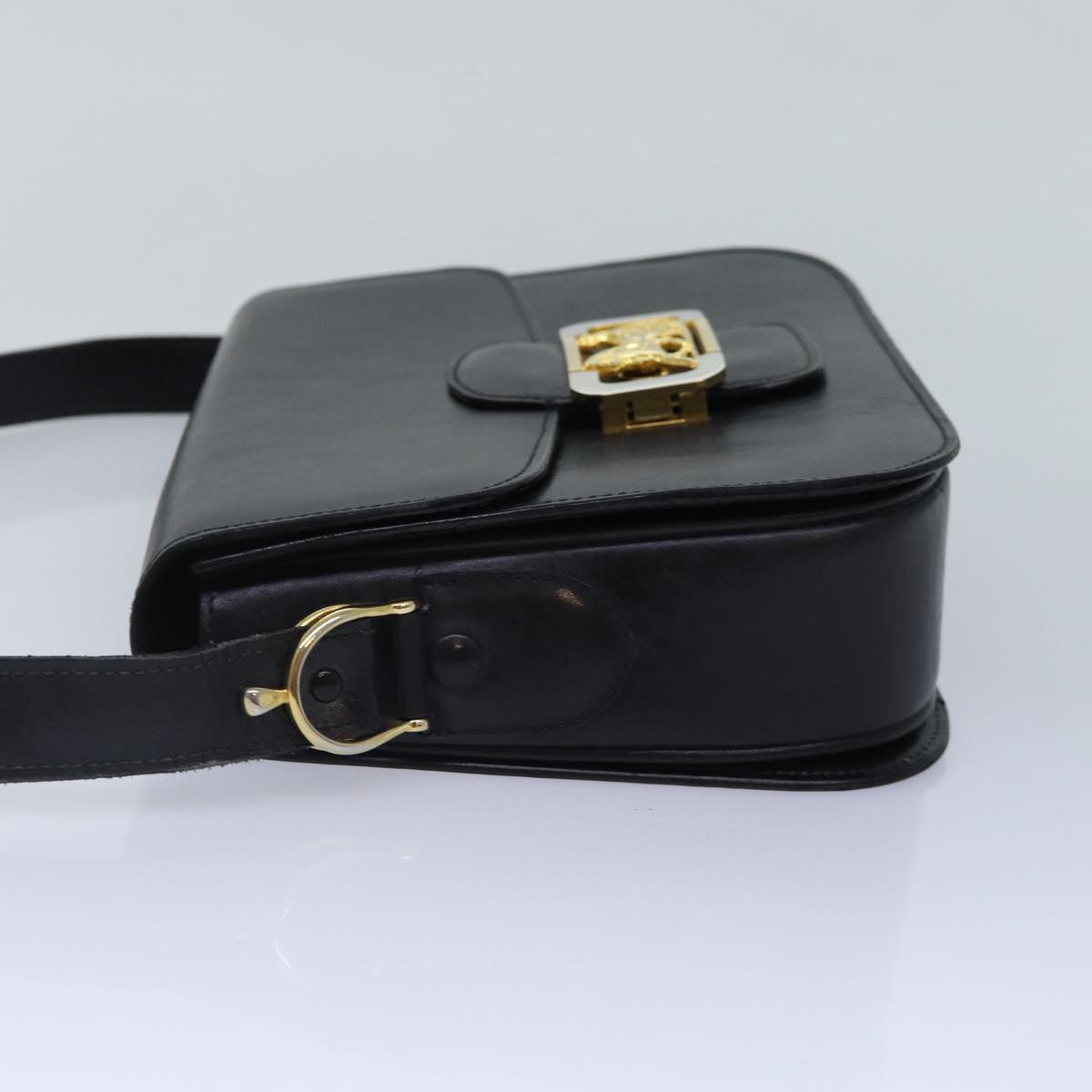 CELINE Horse Carriage Shoulder Bag Leather Black Gold Auth bs17653