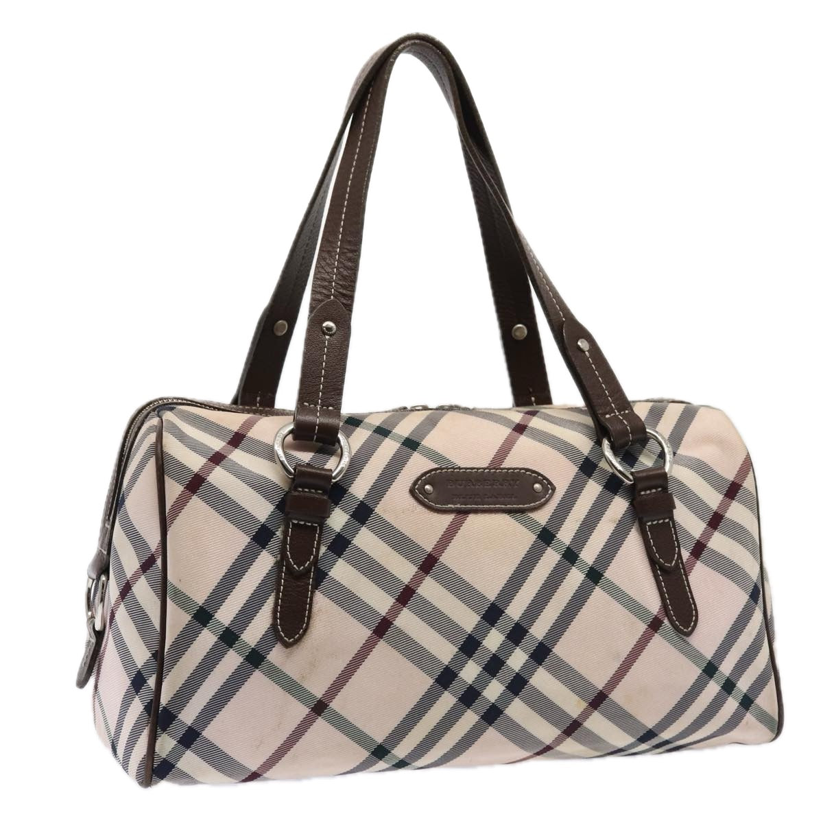 BURBERRY Nova Check Blue Label Hand Bag Nylon Pink Silver Auth bs17669