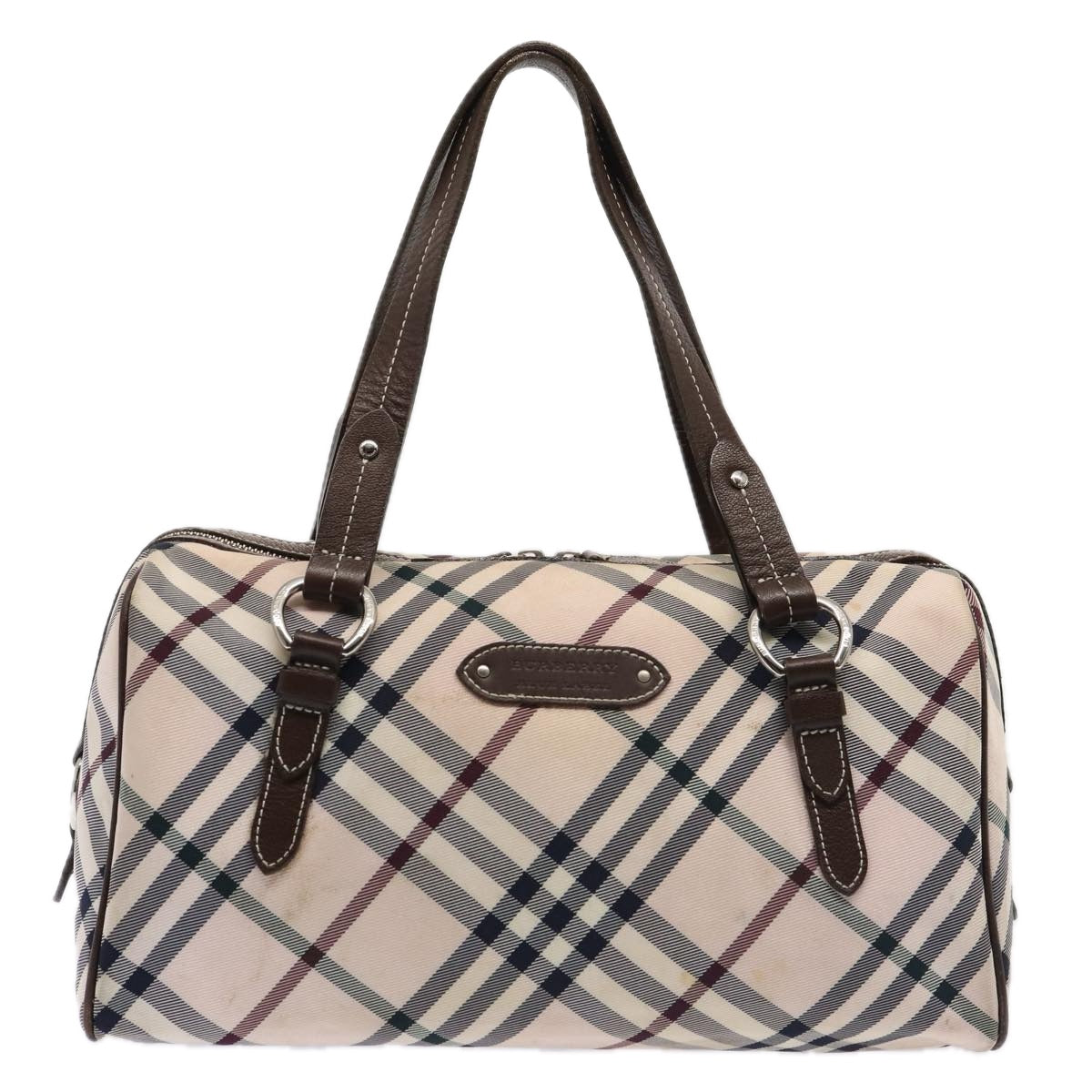 BURBERRY Nova Check Blue Label Hand Bag Nylon Pink Silver Auth bs17669