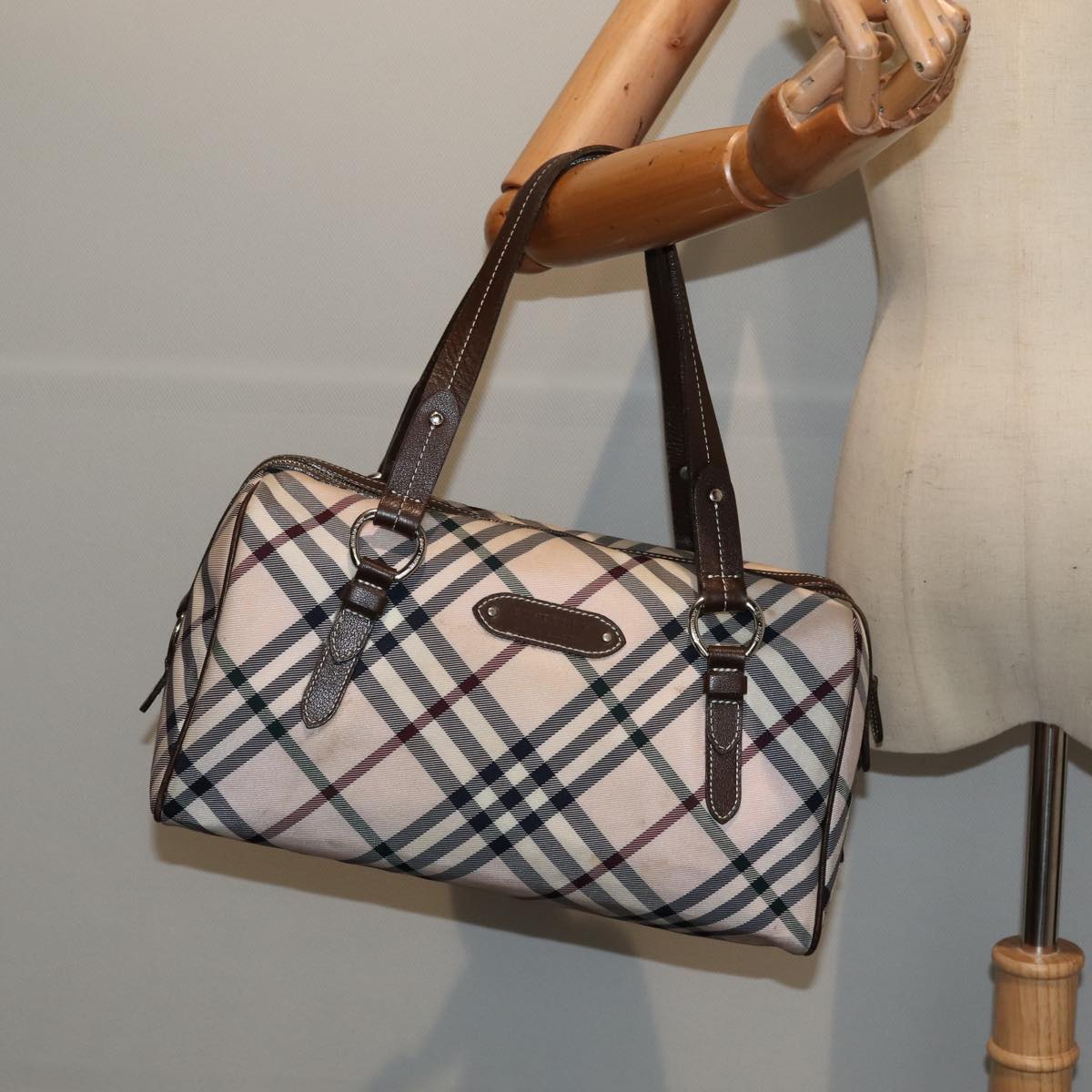 BURBERRY Nova Check Blue Label Hand Bag Nylon Pink Silver Auth bs17669