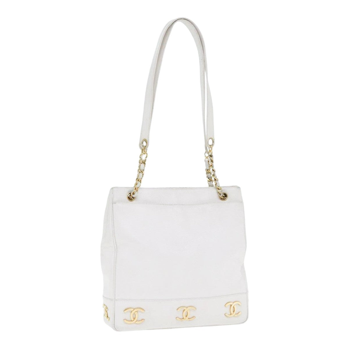 CHANEL Chain Shoulder Bag Caviar Skin White Gold CC Auth bs17674