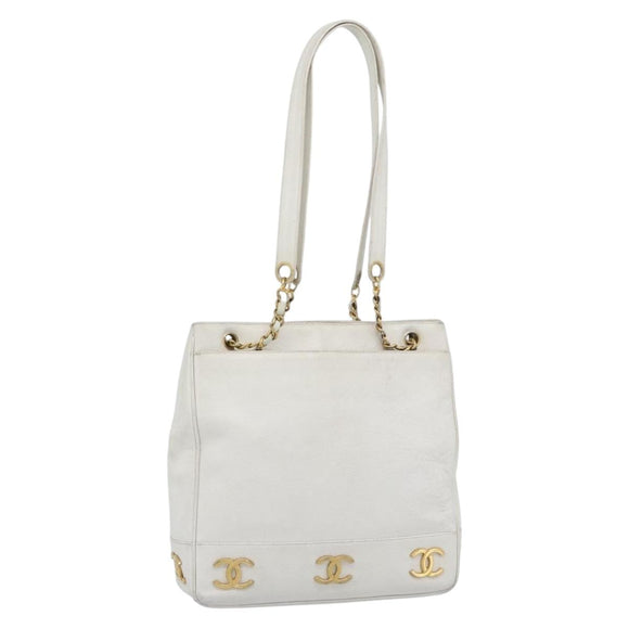 CHANEL Chain Shoulder Bag Calf Skin White Gold CC Auth bs17674