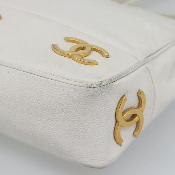 CHANEL Chain Shoulder Bag Calf Skin White Gold CC Auth bs17674