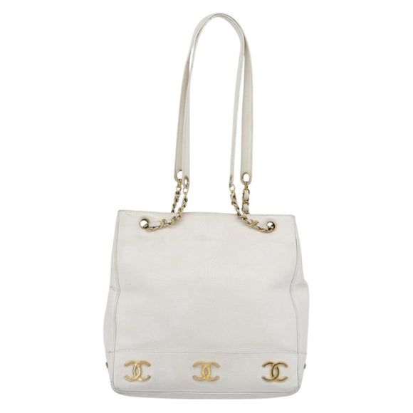 CHANEL Chain Shoulder Bag Calf Skin White Gold CC Auth bs17674
