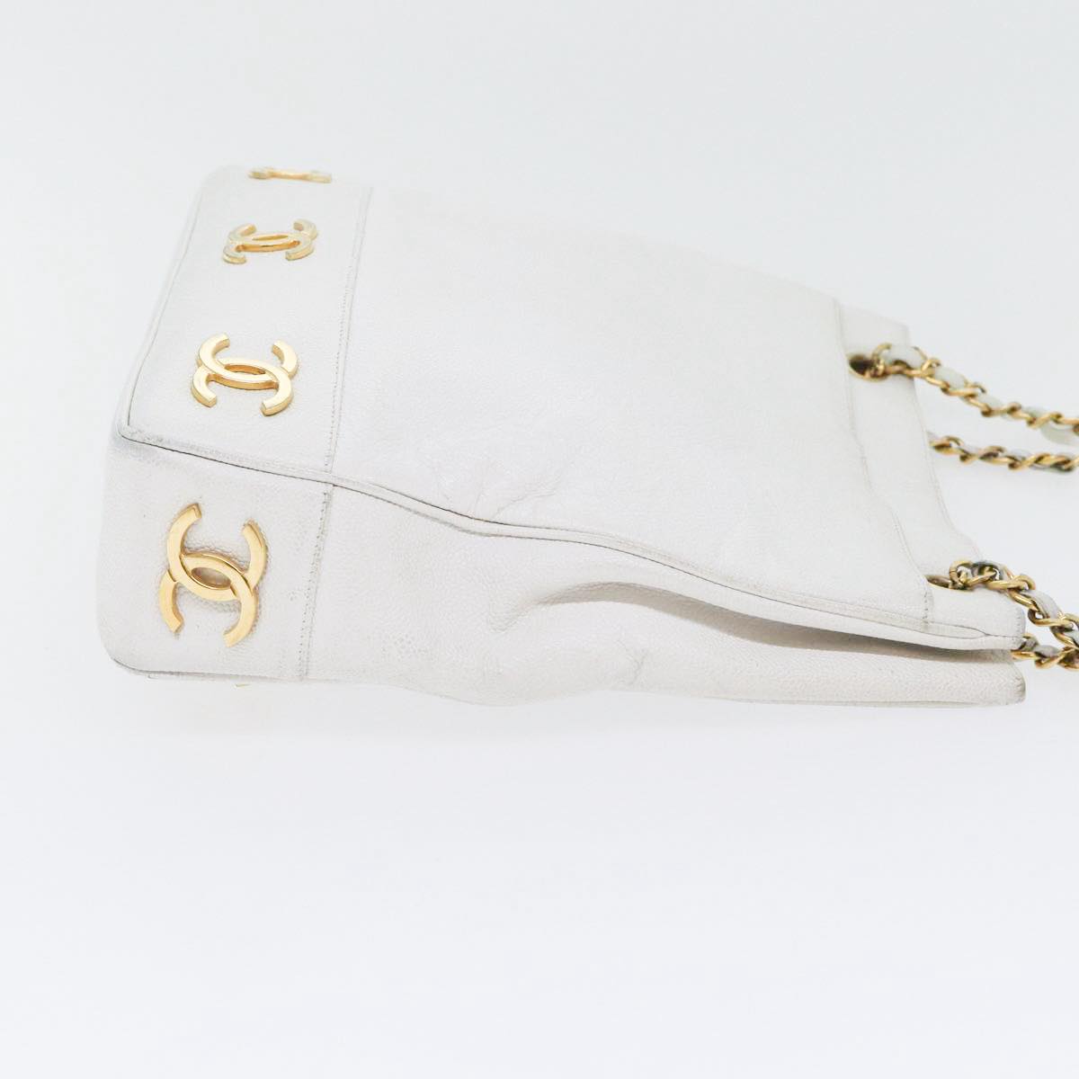 CHANEL Chain Shoulder Bag Caviar Skin White Gold CC Auth bs17674