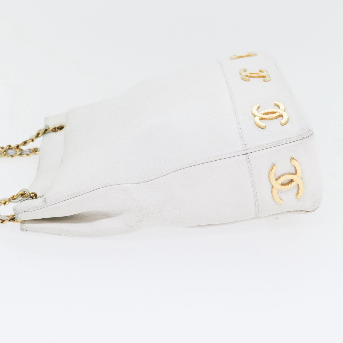 CHANEL Chain Shoulder Bag Caviar Skin White Gold CC Auth bs17674