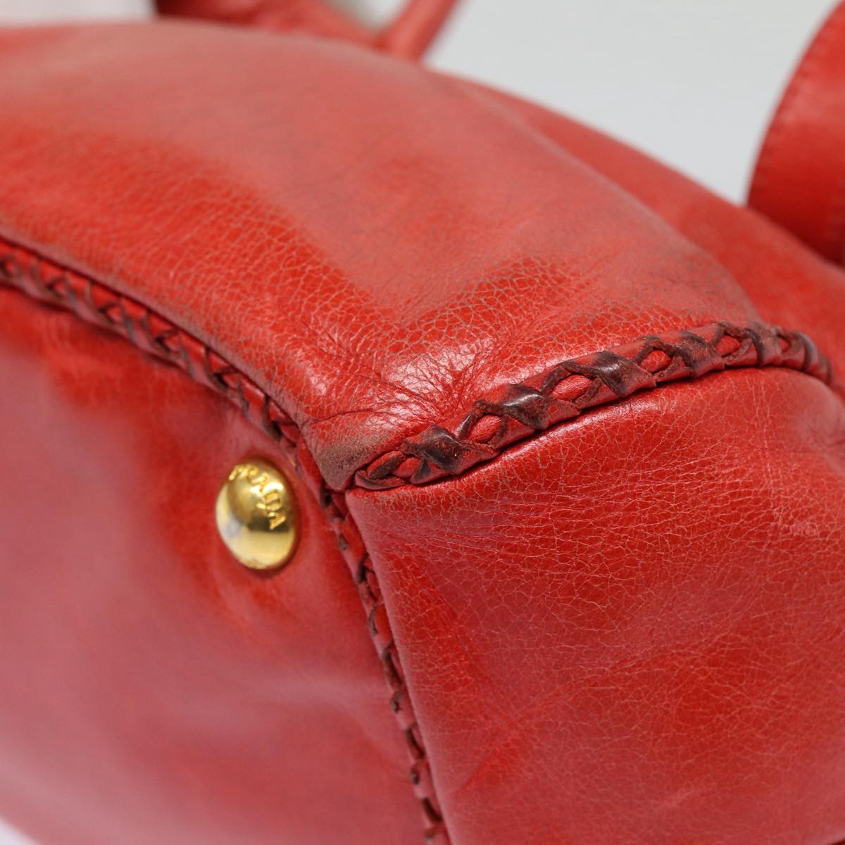 PRADA Hand Bag Leather Red Gold Auth bs17684