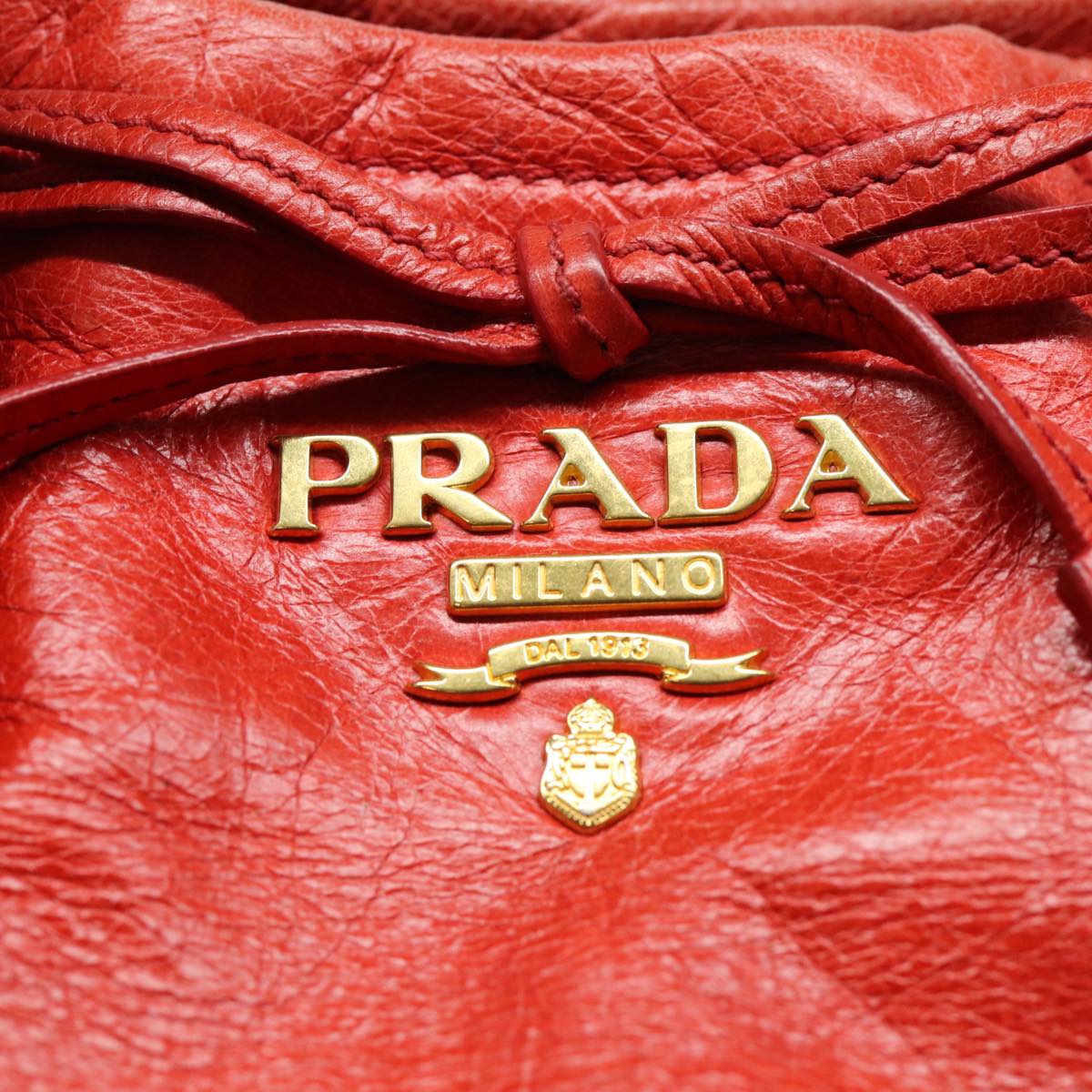 PRADA Hand Bag Leather Red Gold Auth bs17684