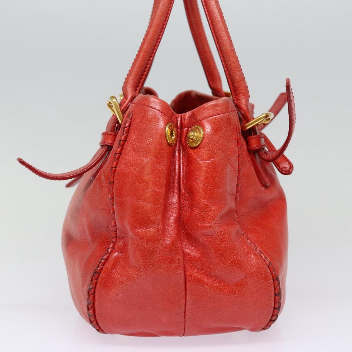 PRADA Hand Bag Leather Red Gold Auth bs17684