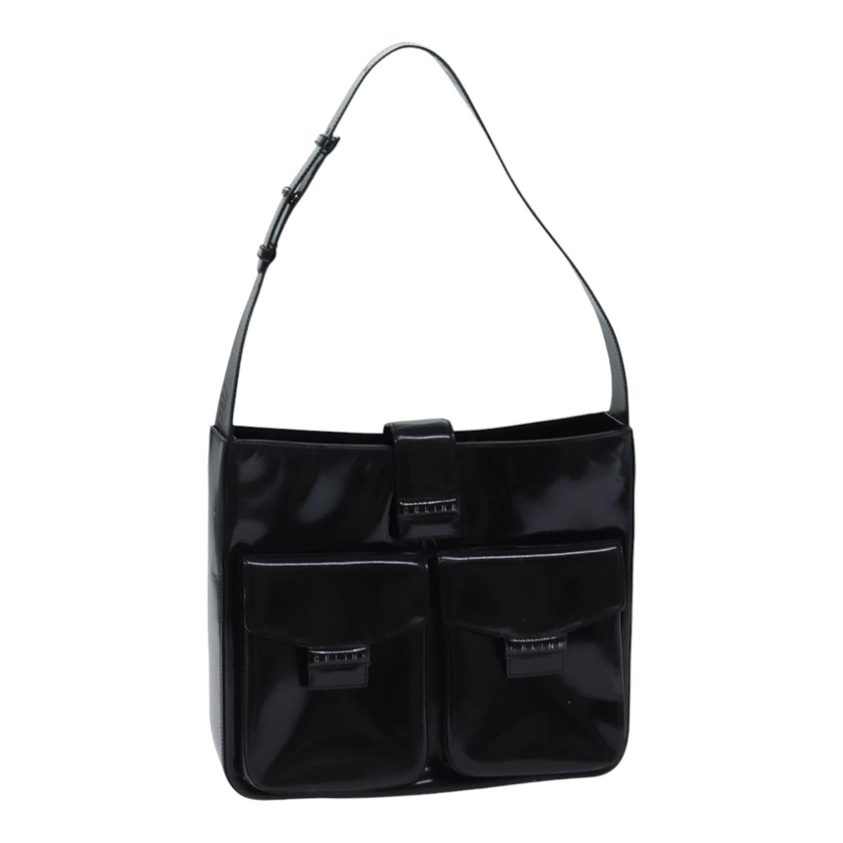 CELINE Shoulder Bag Patent leather Black Silver Auth bs17689