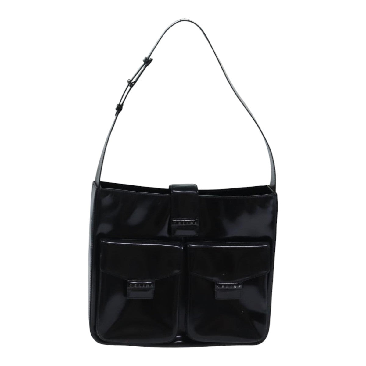 CELINE Shoulder Bag Patent leather Black Silver Auth bs17689