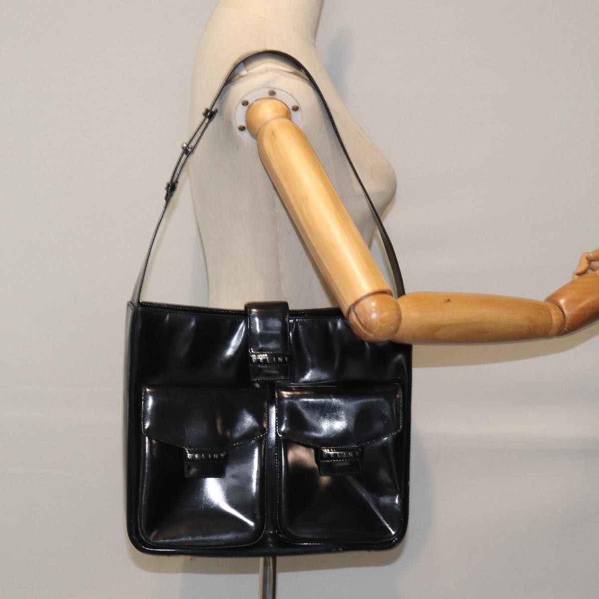 CELINE Shoulder Bag Patent leather Black Silver Auth bs17689