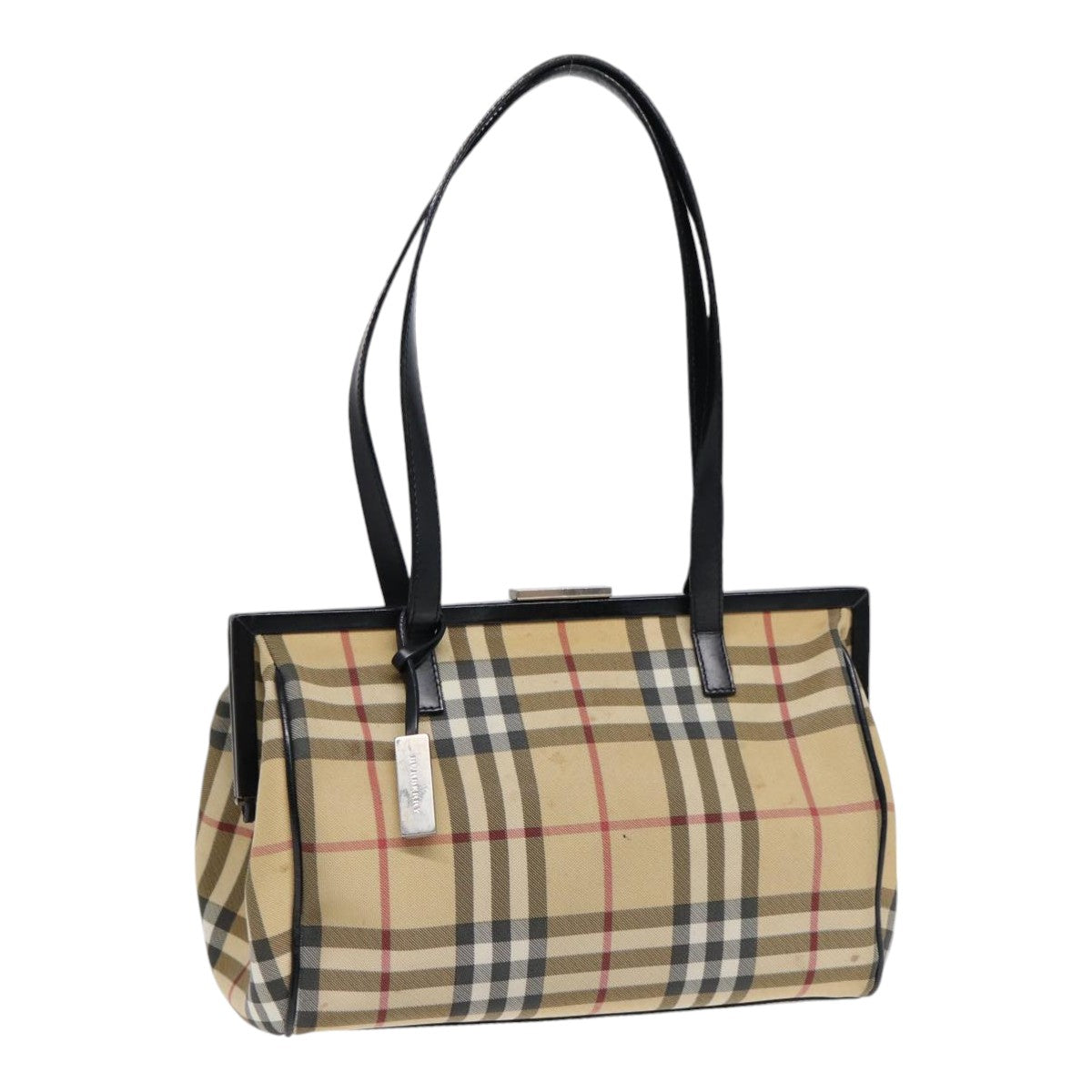 BURBERRY Nova Check Shoulder Bag PVC Beige Silver Auth bs17694