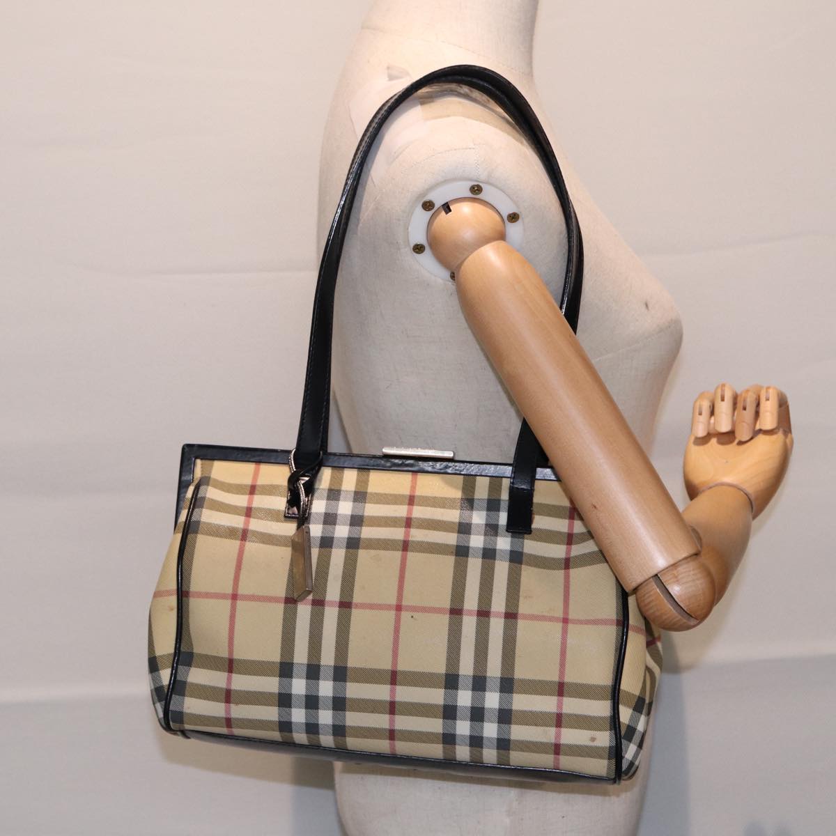 BURBERRY Nova Check Shoulder Bag PVC Beige Silver Auth bs17694