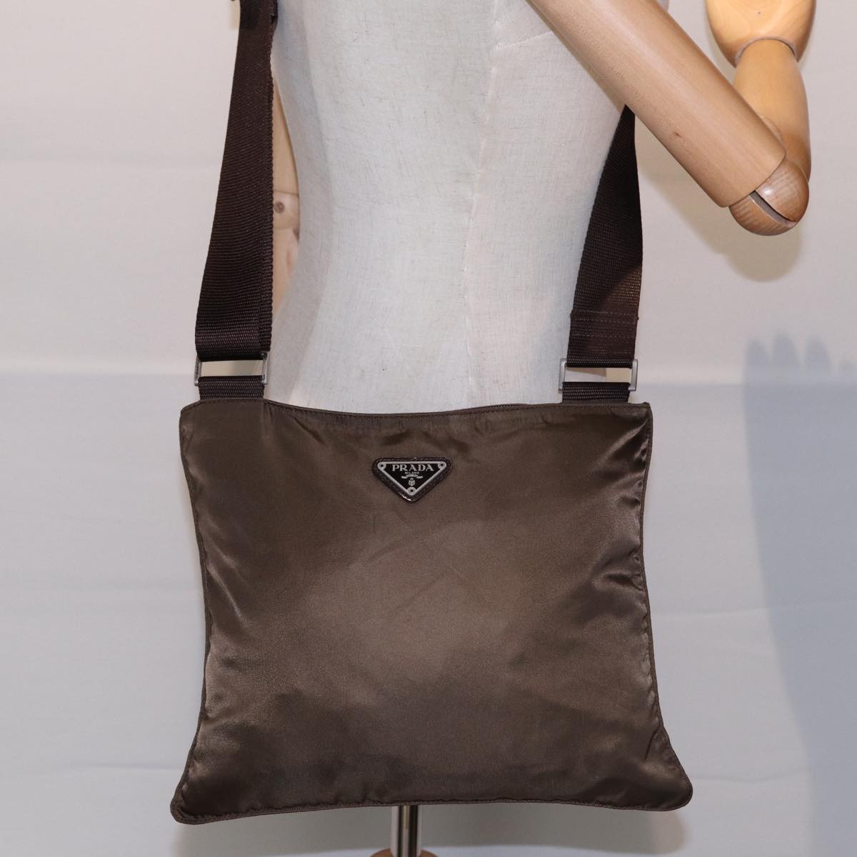 PRADA Shoulder Bag Nylon Brown Silver Auth bs17747