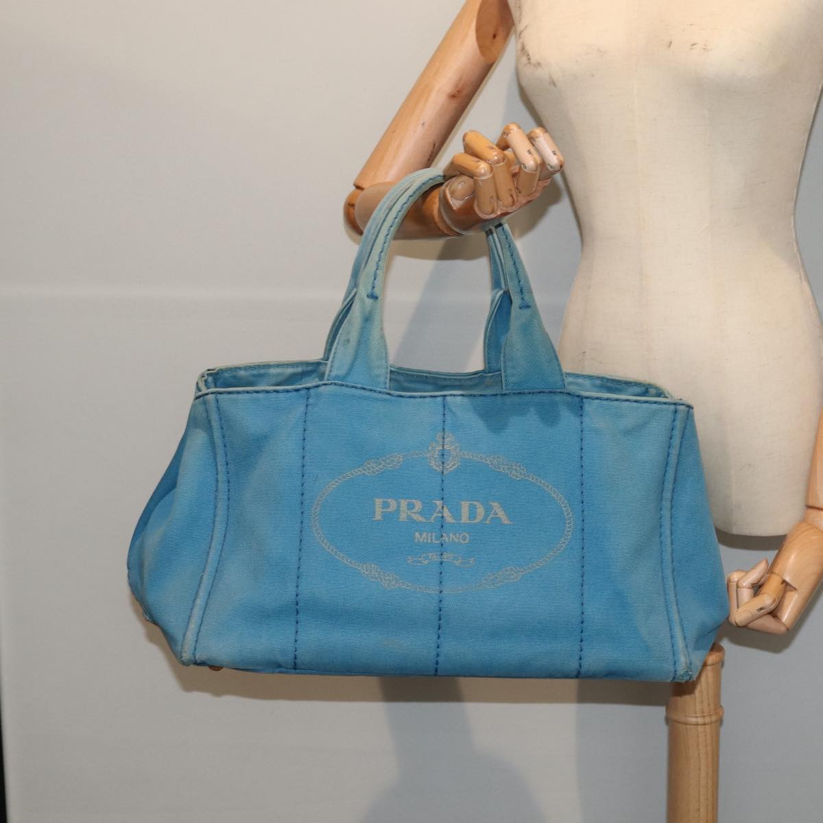 PRADA Canapa GM Hand Bag Canvas Blue Gold Auth bs17750