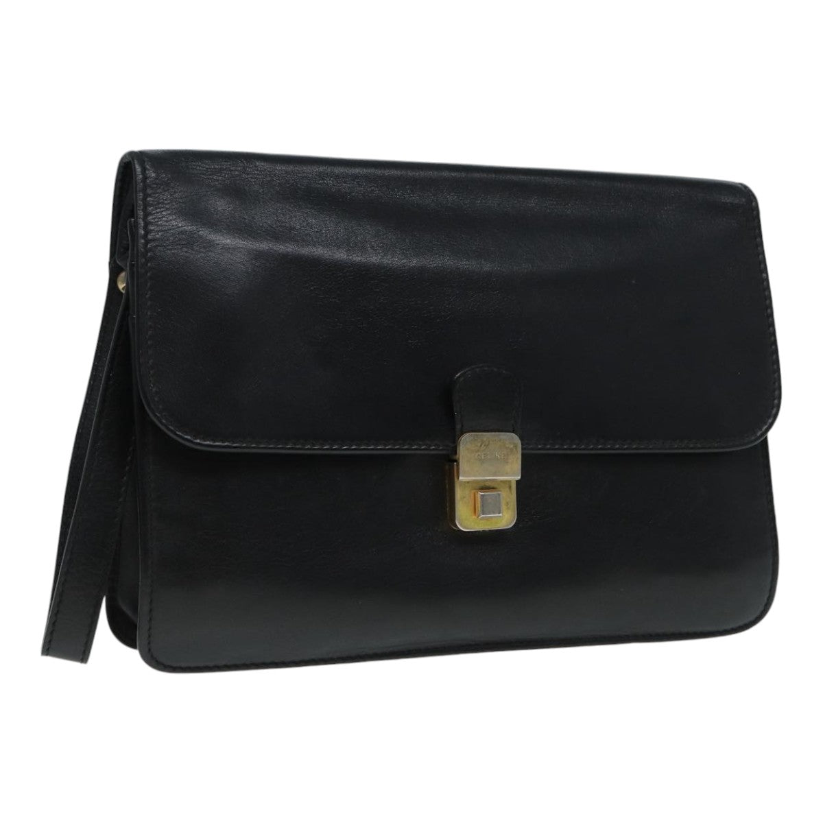 CELINE Clutch Bag Leather Black Gold Auth bs17759