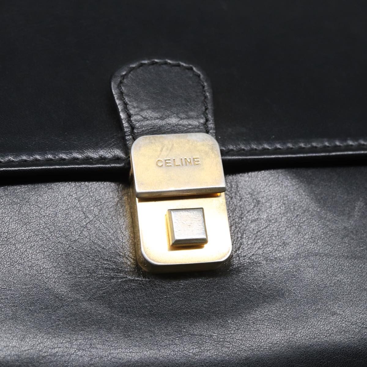 CELINE Clutch Bag Leather Black Gold Auth bs17759