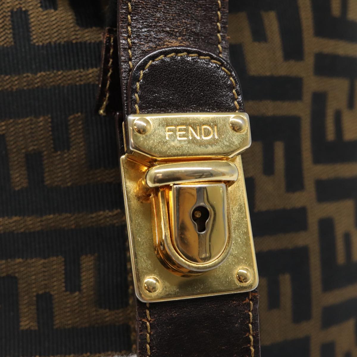 FENDI Zucca Canvas Vanity Hand Bag Brown Black gold Auth bs17761